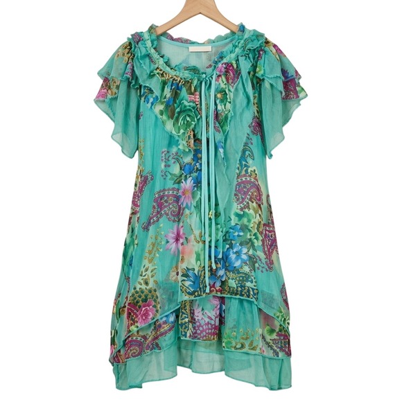 Pretty Angel Tops - Pretty Angel Silk Blend Floral Paisley Ruffle Tunic Top Green Boho Large